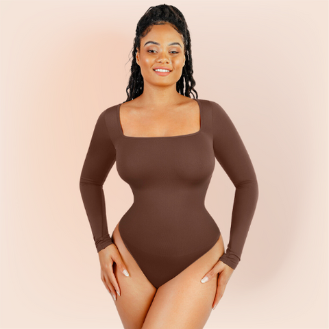 Body Gainant Ventre Plat à Manches Longues et Col Carré pour Femmes