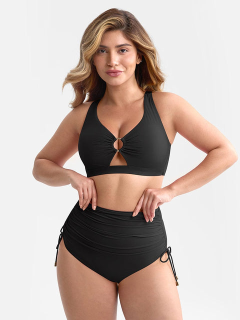 CurvyPower Noir / S Bikini Ventre Plat Col V Anneau Métallique à Cordon