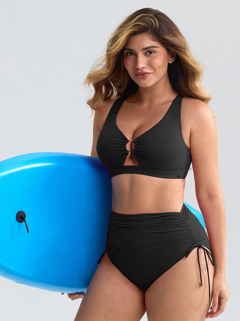 Bikini Ventre Plat Col V Anneau Métallique à Cordon - CurvyPower