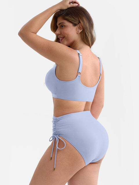 Bikini Ventre Plat Col V Anneau Métallique à Cordon - CurvyPower