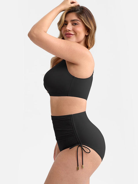 Bikini Ventre Plat Col V Anneau Métallique à Cordon - CurvyPower
