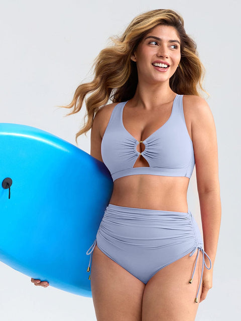 Bikini Ventre Plat Col V Anneau Métallique à Cordon - CurvyPower
