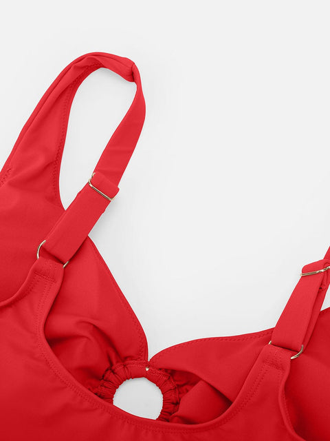 Bikini Ventre Plat Col V Anneau Métallique à Cordon - CurvyPower