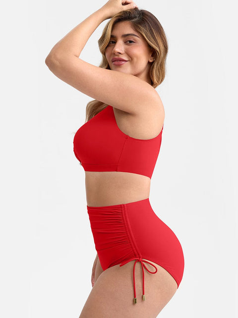 Bikini Ventre Plat Col V Anneau Métallique à Cordon - CurvyPower