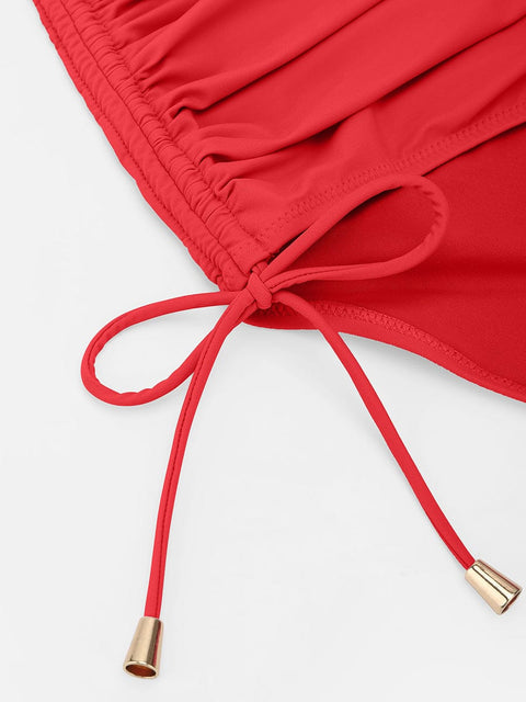 Bikini Ventre Plat Col V Anneau Métallique à Cordon - CurvyPower