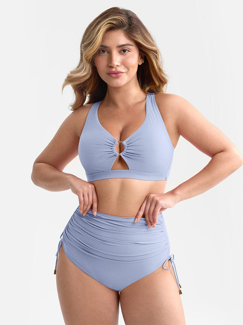 CurvyPower Bleu Clair / S Bikini Ventre Plat Col V Anneau Métallique à Cordon