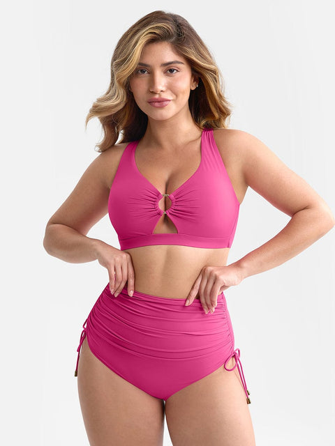 CurvyPower Rose / S Bikini Ventre Plat Col V Anneau Métallique à Cordon