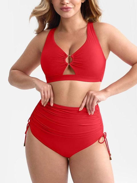 CurvyPower Rouge / S Bikini Ventre Plat Col V Anneau Métallique à Cordon