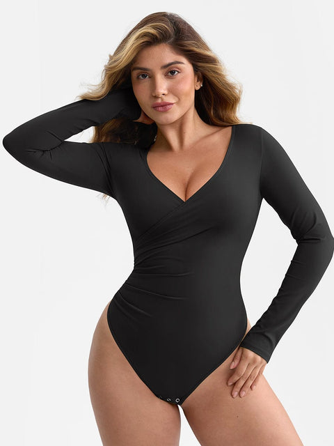 CurvyPower Noir / XS Body Gainant Col V Croisé Plissé Ventre Plat