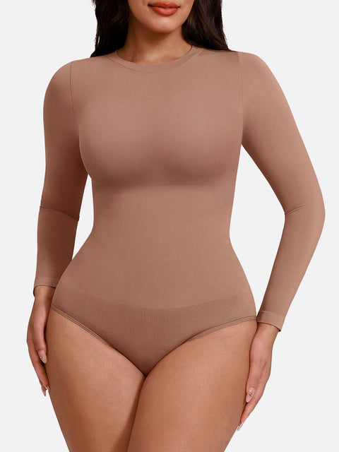 CurvyPower Marron Clair / XS/S Body Culotte Gainant Ventre Plat Sans Couture Manches Longues