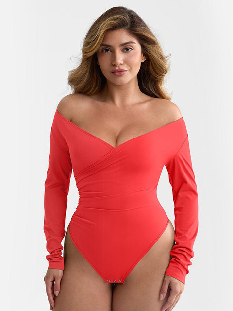 CurvyPower Rouge / XS Body Gainant Col V Croisé Plissé Ventre Plat