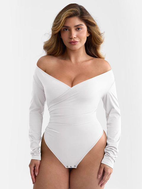 CurvyPower Blanc / XS Body Gainant Col V Croisé Plissé Ventre Plat
