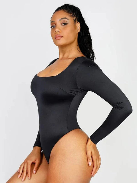 Body Gainant Col Carré Manches Longues Noir Pour Femmes