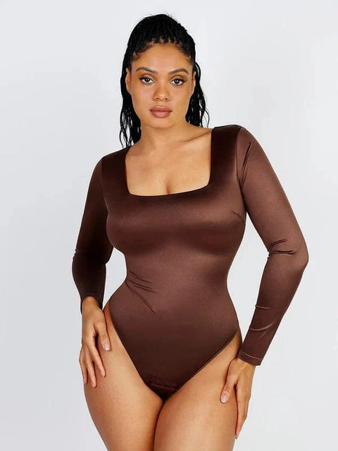 Body Gainant Col Carré Manches Longues Marron Pour Femmes