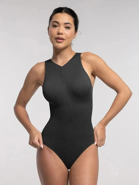 Body Gainant Côtelé Sans Manches Sans Couture à Fermeture Éclair Frontale Pour Femmes - CurvyPower