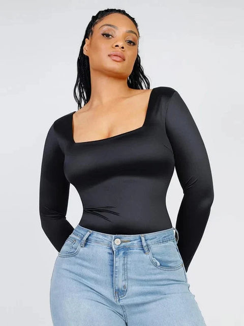 Body Gainant Col Carré Manches Longues Pour Femmes - CurvyPower
