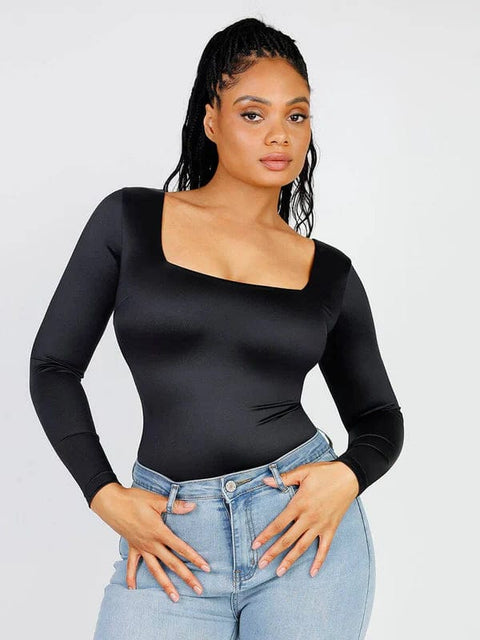 Body Gainant Col Carré Manches Longues Pour Femmes - CurvyPower