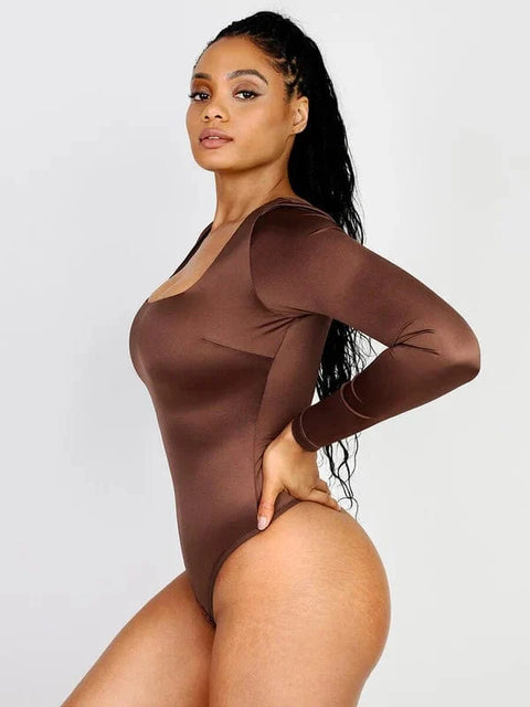 Body Gainant Col Carré Manches Longues Pour Femmes - CurvyPower
