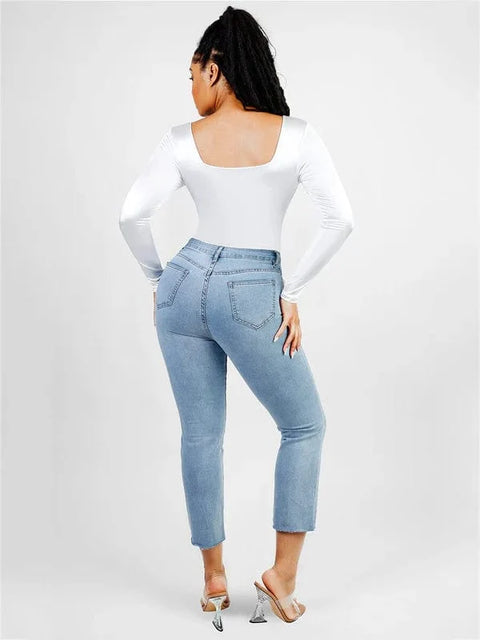 Body Gainant Col Carré Manches Longues Pour Femmes - CurvyPower
