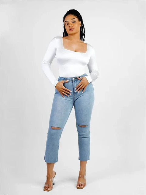 Body Gainant Col Carré Manches Longues Pour Femmes - CurvyPower