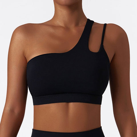 CurvyPower | FR Noir / S Brassière de Sport Asymétrique Une Épaule Maintien Fort avec Coques Amovibles Pour Femmes