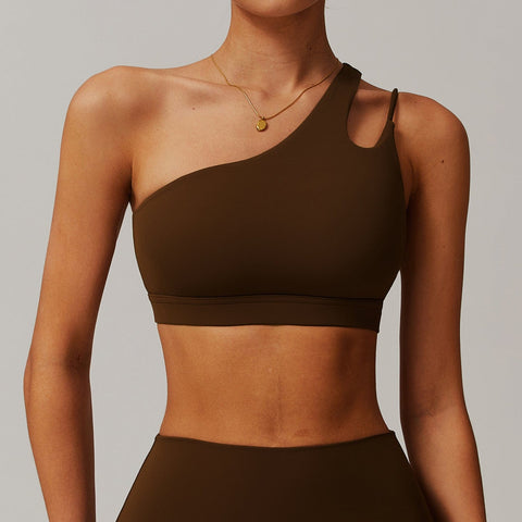 CurvyPower | FR Marron Bouleau / S Brassière de Sport Asymétrique Une Épaule Maintien Fort avec Coques Amovibles Pour Femmes