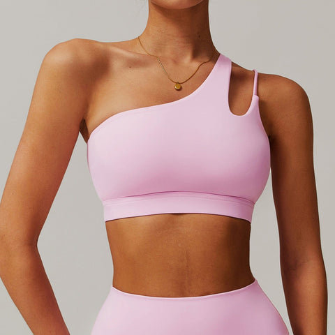 CurvyPower | FR Rose Fleur de Cerisier / S Brassière de Sport Asymétrique Une Épaule Maintien Fort avec Coques Amovibles Pour Femmes