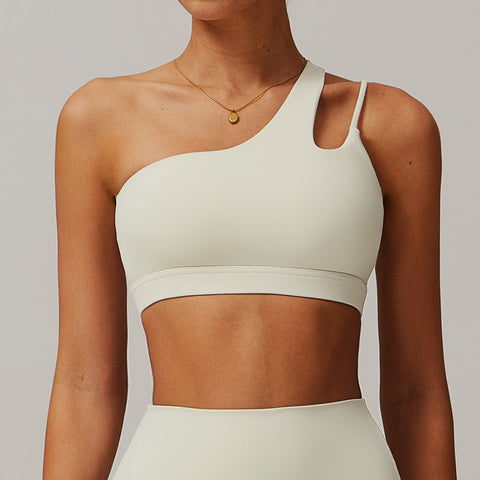 CurvyPower | FR Abricot Crème / S Brassière de Sport Asymétrique Une Épaule Maintien Fort avec Coques Amovibles Pour Femmes