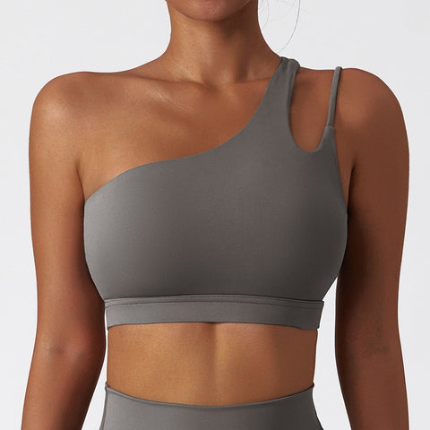 CurvyPower | FR Gris Intense / S Brassière de Sport Asymétrique Une Épaule Maintien Fort avec Coques Amovibles Pour Femmes