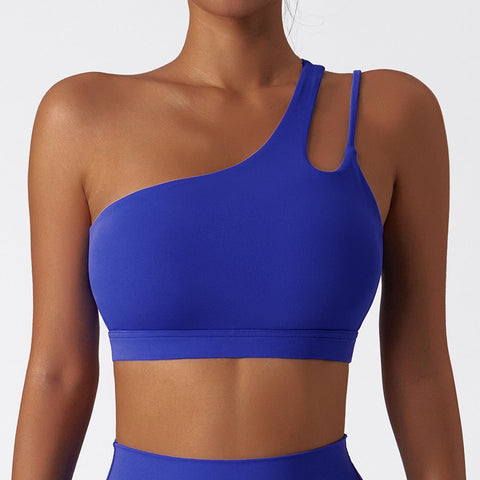 CurvyPower | FR Bleu Klein / S Brassière de Sport Asymétrique Une Épaule Maintien Fort avec Coques Amovibles Pour Femmes