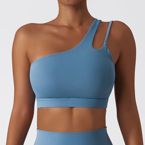CurvyPower | FR Bleu Gris Clair / S Brassière de Sport Asymétrique Une Épaule Maintien Fort avec Coques Amovibles Pour Femmes
