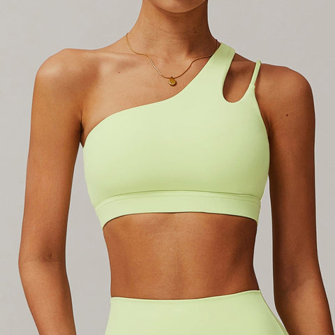 CurvyPower | FR Vert Jaune Clair / S Brassière de Sport Asymétrique Une Épaule Maintien Fort avec Coques Amovibles Pour Femmes