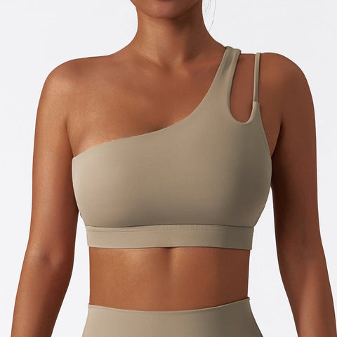 CurvyPower | FR Sable Palmier / S Brassière de Sport Asymétrique Une Épaule Maintien Fort avec Coques Amovibles Pour Femmes