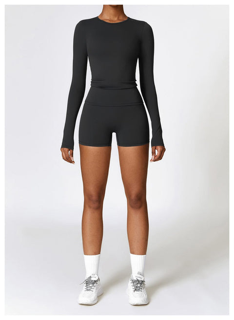 CurvyPower | FR Noir / S Top Gainant Manches Longues Col Rond Yoga et Fitness Pour Femmes