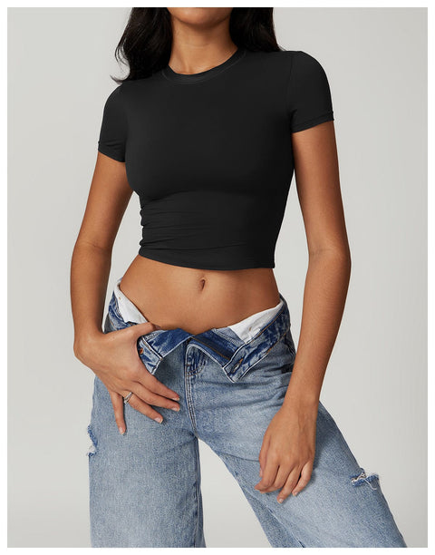 CurvyPower | FR Noir / S Crop Top Gainant Séchage Rapide Respirant et Extensible Pour Femmes