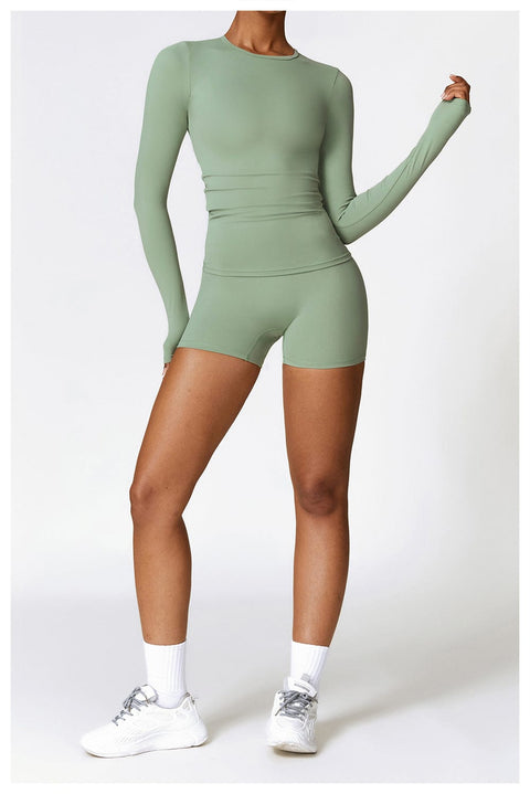 CurvyPower | FR Vert Basilic / S Top Gainant Manches Longues Col Rond Yoga et Fitness Pour Femmes