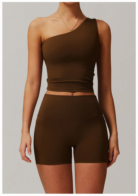 CurvyPower | FR Crop Top Marron / S Crop Top Gainant Une Épaule Avec Coussinets Amovibles Pour Femmes