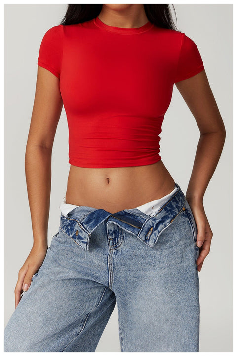 CurvyPower | FR Rouge Vif / S Crop Top Gainant Séchage Rapide Respirant et Extensible Pour Femmes