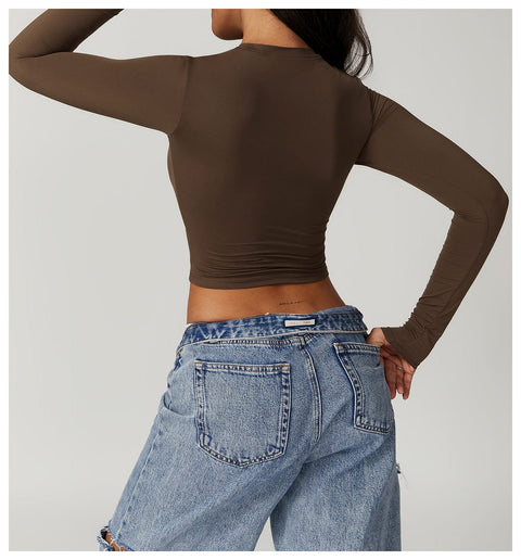 CurvyPower | Be You ! Marron / S Top Gainant Manches Longues Sans Couture
