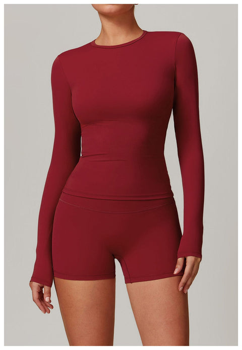CurvyPower | FR Rouge Cerise / S Top Gainant Manches Longues Col Rond Yoga et Fitness Pour Femmes