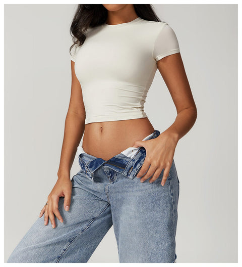 CurvyPower | FR Abricot Crème / S Crop Top Gainant Séchage Rapide Respirant et Extensible Pour Femmes