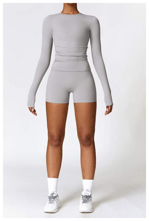 CurvyPower | FR Gris Givré / S Top Gainant Manches Longues Col Rond Yoga et Fitness Pour Femmes