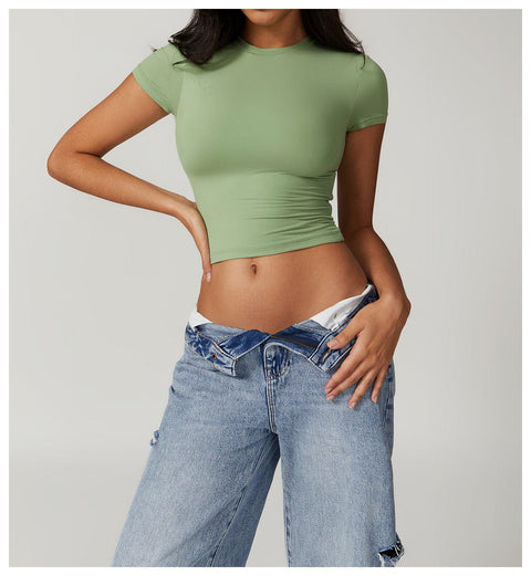 CurvyPower | FR Vert Herbe / S Crop Top Gainant Séchage Rapide Respirant et Extensible Pour Femmes