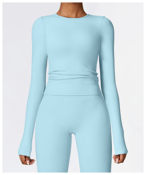 CurvyPower | FR Bleu Ciel / S Top Gainant Manches Longues Col Rond Yoga et Fitness Pour Femmes