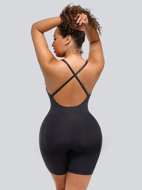 Combinaison Gaine Ventre Plat Amincissante Body Gainant Plongeant à Dos Nu avec Coussinets Amovibles