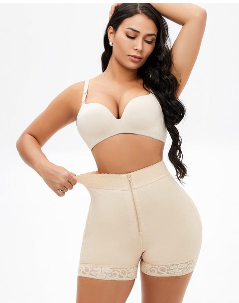 Short Gainant En Dentelle Ventre Plat Remonte-Fesses À Fermeture Éclair Frontale Beige Pour Femmes - CurvyPower