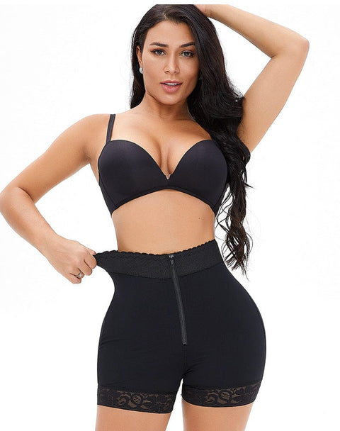 Short Gainant En Dentelle Ventre Plat Remonte-Fesses À Fermeture Éclair Frontale Noir Pour Femmes - CurvyPower