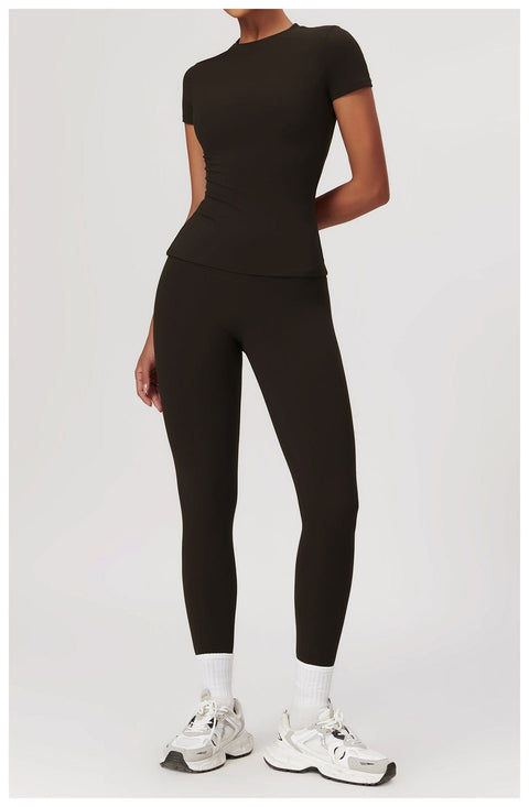 CurvyPower | FR Hauts & Tops Noir Café / S T-Shirt de Sport Gainant Séchage Rapide Manches Courtes Pour Femmes