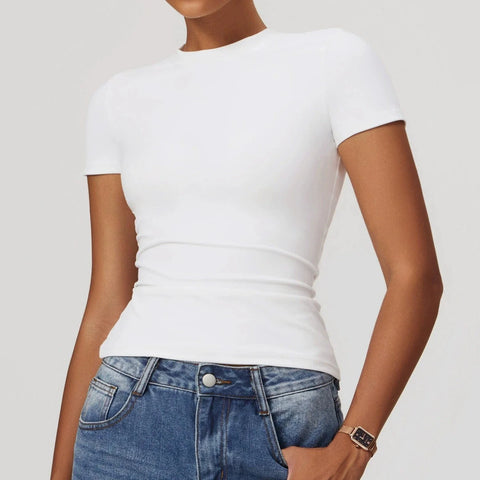 CurvyPower | FR Hauts & Tops Blanc Cygne / S T-Shirt de Sport Gainant Séchage Rapide Manches Courtes Pour Femmes
