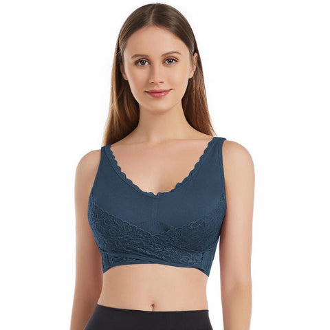 CurvyPower | Be You ! Bras Blue / M Wireless Front Cross Adjustable Side Buckle Lace Bra